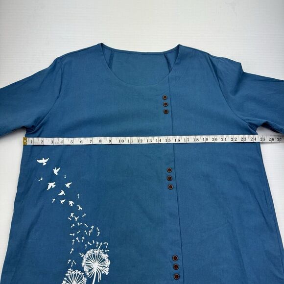 Blue Top Birds Dandelions Short Sleeve Buttons Size XL Lightweight - Picture 7 of 8